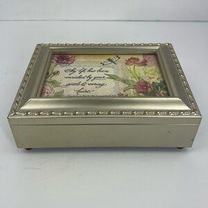 SANKYO MUSIC BOX, JEWELRY BOX,  WOODEN BOX, GOLD ROSE COLOR, PLAYS AMAZING GRACE
